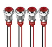 GUUZI 10 mm Luz Indicadora LED 12-24 V Luz de Señal Impermeable Panel de Metal Indicador LED Luz de Señal Montaje en Panel Cabeza Plana con Cables Carcasa Plateada (Rojo, 4 Piezas)