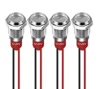 GUUZI 10 mm Luz Indicadora LED 12-24 V Luz de Señal Impermeable Panel de Metal Indicador LED Luz de Señal Montaje en Panel Cabeza Plana con Cables Carcasa Plateada (Blanco, 4 Piezas)