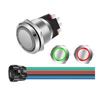 GUUZI 12V-24V/10A Pulsador Momentáneo NO/NC Impermeable Luz LED Verde/Roja Iluminada Pulsador de Arranque de metal de 22mm con Cable de Enchufe