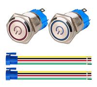 GUUZI 2pcs 16mm Interruptor de Botón Pulsador Autobloqueo 1NO1NC Acero Inoxidable Impermeable 220V-230V/5A Interruptor LED Iluminado con Enchufe de Cable Adecuado(Azul+Rojo)
