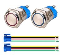 GUUZI 2pcs Pulsadores Momentáneos 1NO1NC Carcasa de Acero Inoxidable Impermeable 220V-230V/5A Botón Iluminado con Anillo LED con Enchufe de Cable Adecuado para Orificio de Montaje de 16mm(Azul+Rojo)