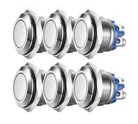 Guuzi 6pcs Pulsadores Momentáneos De 16mm 3A/250VAC; Pulsador De Alimentación A Prueba De Agua De 5A/12VAC, Pequeño, Redondo, De Metal Inoxidable Cromado, 2Pines N/O (Cabeza Plana)