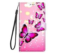 Guxira Funda de piel con tapa para Samsung Galaxy S24 FE, a prueba de golpes, funda de silicona con función atril de 360 grados, con ranuras para tarjetas y cierre magnético, mariposa rosa