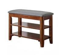 Guyifuny Banco Zapatero de Madera Maciza de 3 Niveles para Entrada, Zapatero con Asiento de Cuero Gris, Banco Organizador para Puerta de Entrada, 60 x 30 x 48 cm