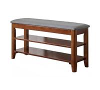 Guyifuny Banco Zapatero de Madera Maciza de 3 Niveles para Entrada, Zapatero con Asiento de Cuero Gris, Banco Organizador para Puerta de Entrada, 100 x 30 x 48 cm