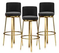 Guyifuny Taburetes de Bar de Terciopelo, Juego de 1/2/3/4, Asiento Giratorio, Silla tapizada, Taburete, Altura de mostrador, sillas de Metal for el hogar, Isla de Cocina(3 PCS Black,Gold 65cm)