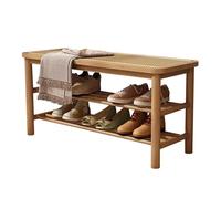 Guyifuny Zapatero de 3 Niveles para Entrada con Asiento de ratán, Banco Organizador de Zapatos de Madera Maciza para pasillos, Puertas de Entrada y vestíbulos, Color Madera, 60 x 30,2 x 41,5 cm