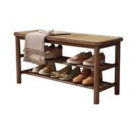 Guyifuny Zapatero de 3 Niveles para Entrada con Asiento de ratán, Banco Organizador de Zapatos de Madera Maciza para pasillos, Puertas de Entrada y vestíbulos, Nogal, 80 x 30,2 x 41,5 cm