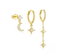 Guyode 3 Piezas Pendientes Aro, Pendientes de Mujer Luna y Estrellas, Pendientes Pequeños Mujer Hipoalergénicos, Pequeños Circonita Pendientes Aro Juego para Múltiples Piercings (Oro)