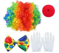 Guyode 4 Piezas Accesorios Disfraz Payaso Niño, Peluca Pelo Rizado de Arco Iris Payaso Nariz de Payaso Conjunto de Disfraz Pajarita Blancos Guantes para Fiesta Cosplay Espectáculo Circo Carnaval