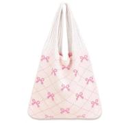 Guyode Bolso Trenzado, Bolsos de Ganchillo para Mujer, Bolsos Tejidos Crochet Bolso de Hombro de Punto, Bolsa de Compras en Color Blanco Roto con Lazo, para el Trabajo Las Compras y la Escuela