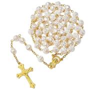 Guyode Collar Católico de Cuentas Collares Oración Sagrada con Colgante Crucifijo Medalla Cruz Collares Largos Rosarios Religiosos, Rosario de Perlas Blancas para Cristianos Católicos Comunión