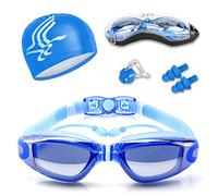 Guzack Gafas de Natación, Cristal Anti Niebla protección UV Gafas de natación, con Libre Swim Cap Bundle + Clip de Nariz + Tapones para Los Oídos + Caso, para Adultos, Niños, Hombres, Mujeres (Negro)