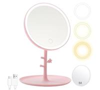 GVEFIVME Espejo de maquillaje con luz LED, espejo de maquillaje iluminado para maquillaje, afeitarse y usar lentes de contacto, 3 colores de luz y brillo regulable (rosa)