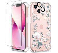 GVIEWIN Compatible con Funda iPhone 13 6.1" 2021, con Protector de Pantalla + Protector de Lente de cámara, Funda Protectora de TPU Transparente a Prueba de Golpes, Magnolia/Blanco