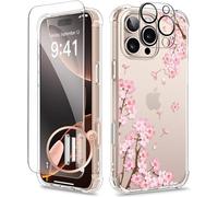 GVIEWIN Funda Compatible con iPhone 16 Pro MAX 6.9'' con Protector de Pantalla y Protector de Lente de cámara, Transparente, a Prueba de Golpes, Delgada, Floral, para Mujeres y niñas, Sakura/Rosa