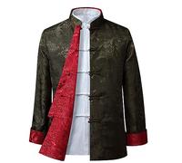 GVILTY Bordado Kung Fu chaqueta ambos lados desgaste tops hombres artes marciales ropa manga larga jersey,Tang traje abrigo tradicional chino algodón lino Tai Chi ropa verde1-S