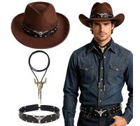 GVMJHYK Sombrero Vaquero Completo con Collar de Calavera de Toro y Banda | Ajustable 56-58 cm para Disfraces Adultos, Fiestas del Oeste, Rodeo, Halloween y Carnaval (Sombrero 4)