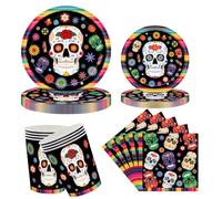 GVMJHYK Vajilla de Halloween, Decoraciones de Mesa del Día de los Muertos, Vajilla de Día de los Muertos que Incluyen Platos Servilletas y Tazas, Decoración de Fiesta de Cumpleaños 96 Piezas