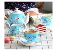 GVNFJKJK Juegos de té de cerámica Juego de té de Porcelana de 15 Piezas, Juego de Taza y platillo de café, Servicio de café Azul Vintage, con azucarero y Jarra de Leche