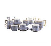 GVNFJKJK Juegos de té de cerámica Juego de té de Porcelana de 15 Piezas, Juego de Tazas y platillos de café, Servicio de té de Rayas Azules con Tetera, azucarero, Jarra de Crema y cucharas