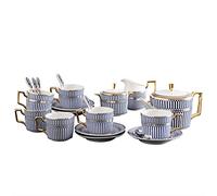 GVNFJKJK Juegos de té de cerámica Juego de té de Porcelana de 15 Uds., Juegos de Tazas y platillos de café, Servicio de té, Tetera de Rayas Azules, azucarero, Jarra de Crema