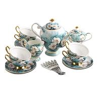 GVNFJKJK Juegos de té de cerámica Juego de té de Porcelana Fina con Flores de peonía de 15 Piezas for Adultos, Tetera, 6 Tazas y 6 platillos, 1 azucarero, 1 Jarra de Crema