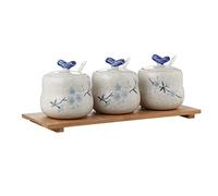 GVNFJKJK Tarros de cerámica para condimentos, 3 uds tarros de Especias, azucarero Ciruela Bossom con Tapa, Chino, Recipiente azúcar, Tarro, condimentos, Olla 400ml