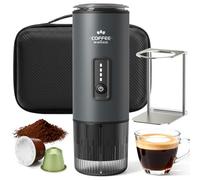 GVODE - Cafetera portátil con batería, 20 bar, cafetera expreso 3 en 1 | Cápsulas NS/DG & Molido, Auto-Calfante Cafetera Portátil para Camping, Coche y Viajes, con Bolsa y Soporte - Gris