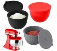 Gvode Lote de 3 Bols de Silicona con Tapa para KitchenAid, Accesorio para KitchenAid compatible con Bol para KitchenAid 4,5-5 QT, Grueso, Inodoro, Antiadherente, Negro/Rojo/Gris
