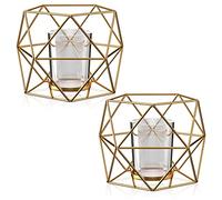 Gvolatee 2 Piezas Portavelas Geométricos de Metal, Candelabros Decorativos de Velas, Candelabro de Hierro Hueco, Soporte de Luz de Té para Bodas, Ceremonia, Aniversario, Días Festivos, Fiestas (Gold)