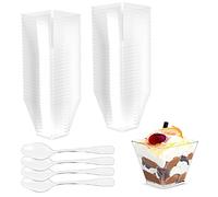 Gvolatee 50 Piezas 2oz/60ml vasos para postres con Cucharas Plástico, tazas copas cuencos de postre Reutilizables Cuadrados Transparentes para Pudín, Mousse, Helado, Cumpleaños, Bodas