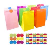 Gvolatee 50 Piezas Bolsas de Regalo Cumpleaños Infantil para Niños con 84 Pegatinas, Bolsita para Regalos de 10 Colores, Bolsa Chuches Kraft para Dulces Embalaje, Cumpleaños, Fiestas, Halloween