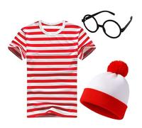 GWAWG 3 piezas de disfraz de semana del libro para niños y niñas, camiseta de manga corta roja y blanca con cuello redondo, sombrero rojo con pompón, gafas redondas para juego de roles, Halloween (L)