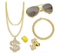 GWAWG 5 accesorios de disfraces de hip hop de los años 90, decoraciones de fiesta de hip hop, disfraz de hip hop, anillo de hip hop, gafas hippie, pulsera de cadena de oro falsa para traje de