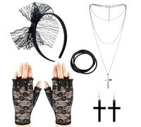 GWAWG 5 accesorios de los años 80 para mujer, accesorios de disfraces, diadema de encaje, aretes, guantes de red, collar, pulsera, disfraz de los años 80 para mujer, fiesta retro de los años 80