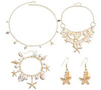 GWAWG 5 piezas Shell Necklace pulsera Set, pulsera de cintura de concha de estrella de mar, pulsera, collar, pendientes, accesorios para vacaciones junto al mar y fiestas de verano