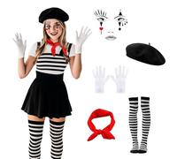 GWAWG Carnival Pantomime Costume White Gloves Black Beret Hat Red Cloths Black White Striped Stockings Face Tattoo for Halloween Fancy Dress Costumes Carnival Teme Party