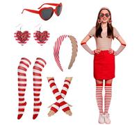 GWAWG Colonia de carnaval para mujer, color rojo y blanco, guantes, gafas de corazón y pendientes accesorios para vestidos de carnaval de color rojo y blanco
