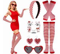 GWAWG Disfraz de Colonia para carnaval, color rojo y blanco con gafas de corazón, guantes, medias, pendientes y tatuaje facial, disfraz de Colonia, disfraz de carnaval para mujer