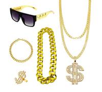 GWAWG Disfraz de hop hip, accesorios de hip-hop para todas las edades, pulsera de cadena de oro falsa, anillo, collar de signo de dólar falso, gafas