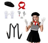GWAWG Disfraz de payaso para mujer y hombre, estilo Pierrot, con boina negra, pajarita roja, guantes blancos, pegatinas y tirantes, para carnaval, Halloween, circo
