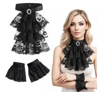 GWAWG Jabot de encaje victoriano con 2 puños, accesorio de disfraz gótico steampunk de vampiro para carnaval, Halloween, fiestas temáticas de cosplay (Black)