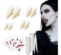 GWAWG Juego de 13 piezas de dientes de vampiro, disfraz de terror para fiesta de carnaval de Halloween, accesorios de cosplay, 5 hojas de tatuajes corporales de Halloween, 4 pares de colmillos, 2