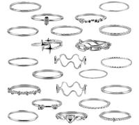 GWAWG Juego de 22 anillos de plata para mujer, vintage, ajustables, plateados, apilables, con estrellas y corazones, estilo bohemio Y2K para el día a día y las fiestas