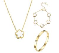 GWAWG Juego de 3 piezas de joyería de cuatro hojas, chapado en oro de 18 quilates, collar con colgante chapado en oro de 18 quilates, pulsera de circonita cúbica para mujer, regalo para mujeres y