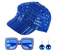 GWAWG Juego de 3 sombreros de lentejuelas vintage con gafas de sol, pendientes con purpurina azul, estilo Abba, accesorios de disfraz para adultos, mujeres, fiestas temáticas, cumpleaños, 3 unidades