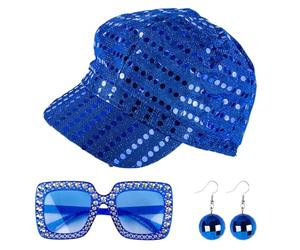 GWAWG Juego de 3 sombreros de lentejuelas vintage con gafas de sol, pendientes con purpurina azul, estilo Abba, accesorios de disfraz para adultos, mujeres, fiestas temáticas, cumpleaños, 3 unidades