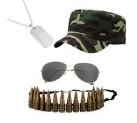 GWAWG Juego de 4 accesorios de disfraz del ejército, sombrero, cinturón de bala, gafas de sol y collar de placa de perro, disfraz del ejército de Halloween para adultos, cosplay, fiesta temática de