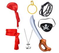 GWAWG Juego de accesorios para disfraz de pirata, disfraz de pirata para adultos y niños con parche, aretes, pulsera, pañuelo para la cabeza, cinturón, collar, globo de espada, Halloween y accesorios